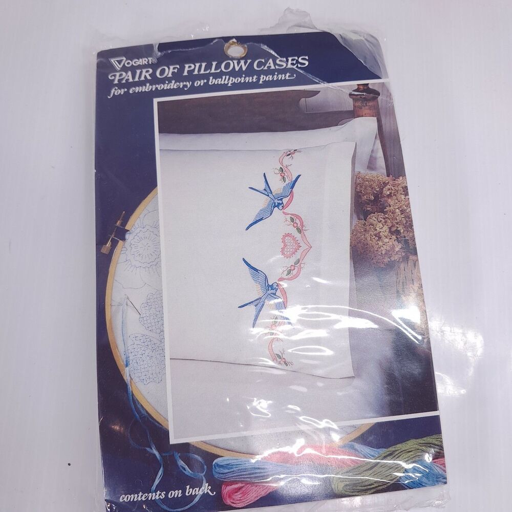 Vogart Crafts Pillowcase Set embroidery ballpoint paint bluebirds hearts 8703J